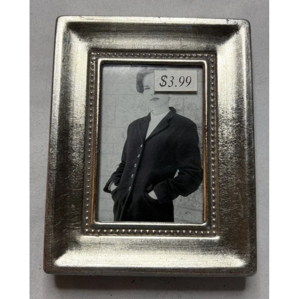 Vintage Mini Silver Tone Wood, Felt, Plastic Picture Frame Holds 2